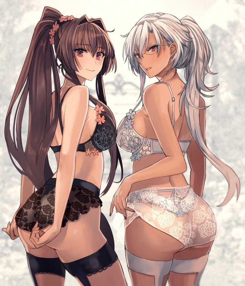 2girls, ass, black_bra, black_nails, black_panties, bra, brown_hair, dark-skinned_female, dark_skin, from_behind, glasses, highres, kantai_collection, kasumi_(skchkko), lingerie, long_hair, looking_at_viewer, looking_back, multiple_girls, musashi_(kancolle), musashi_kai_ni_(kancolle), nail_polish, panties, parted_lips, ponytail, red_eyes, simple_background, smile, thighhighs, underwear, underwear_only, white_bra, white_hair, white_panties, yamato_(kancolle)