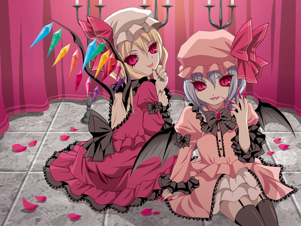 2girls, bad_id, bad_pixiv_id, bat_wings, blonde_hair, blue_hair, female_focus, flandre_scarlet