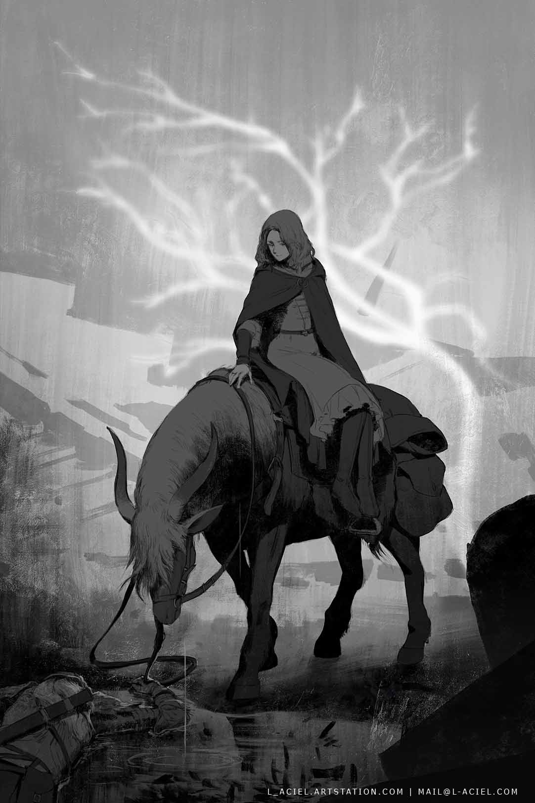 1girl, black_cloak, bloody_wolf_(elden_ring), cloak, closed_mouth, dress, elden_ring, facial_tattoo, greyscale, highres, hood, hooded_cloak, horns, horse, horseback_riding, l_aciel, long_sleeves, medium_hair, melina_(elden_ring), monochrome, one-eyed, one_eye_closed, riding, scar, scar_across_eye, scar_on_face, short_hair, tarnished_(elden_ring), tattoo, torrent_(elden_ring)