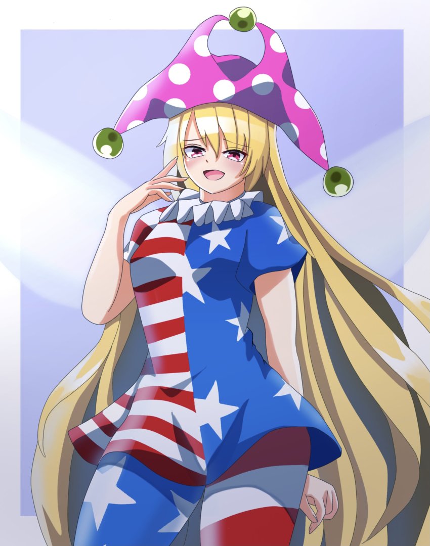 absurdres, amakaze16, american_flag_dress, american_flag_pants, american_flag_print, clownpiece, dress, hair_between_eyes
