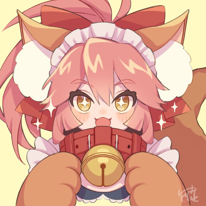 1girl, :3, animal_collar, animal_ear_fluff, animal_ears, animal_hands, bell, blush, bow, cat_paws, collar, commentary, fate/grand_order, fate_(series), fox_ears, fox_girl, hair_between_eyes, hair_bow, highres, jingle_bell, kandis_milk, long_hair, looking_at_viewer, maid_headdress, neck_bell, open_mouth, pink_hair, ponytail, red_bow, sidelocks, signature, smile, solo, sparkle, sparkling_eyes, tamamo_cat_(fate), tamamo_cat_(second_ascension)_(fate), upper_body, yellow_background, yellow_eyes