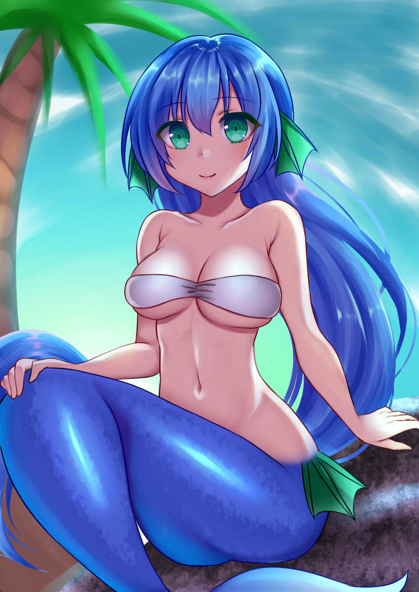 1girl, absurdres, bandeau, blue_eyes, blue_hair, breasts, cleavage, collarbone