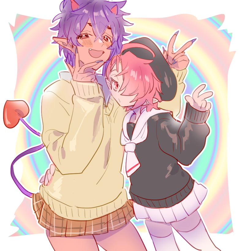 2boys, arms_behind_back, aster_(nu_carnival), crossdressing, crossdressing_(mtf), dark_skin, demon_boy, demon_tail