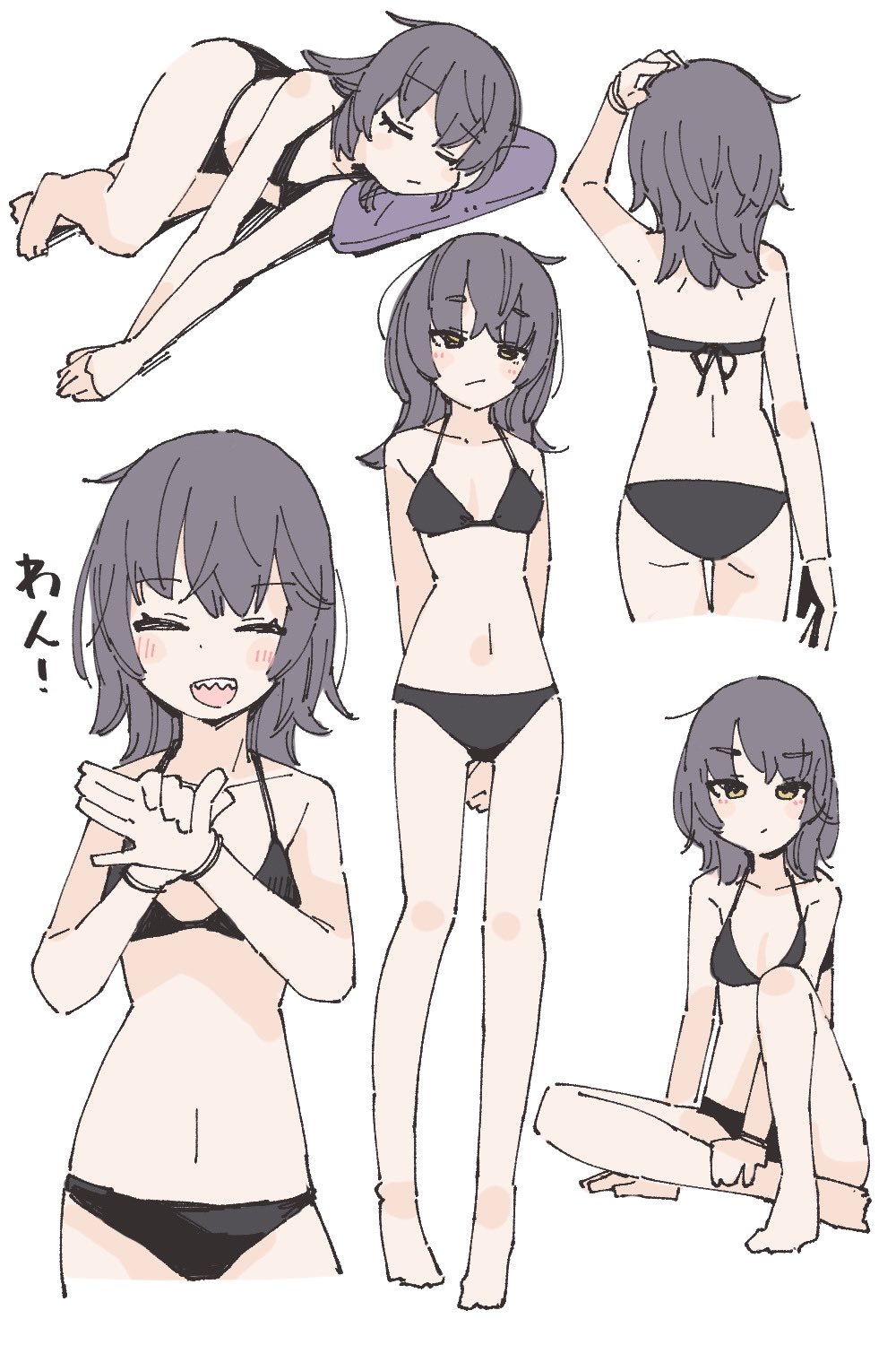 1girl, arms_behind_back, bare_arms, bare_legs, bare_shoulders, barefoot, blonde_hair, blush, breasts, closed_eyes, closed_mouth, collarbone, commentary, dog_shadow_puppet, facing_viewer, from_behind, head_on_pillow, highres, kamo_(kamonabe_44), lying, medium_hair, multiple_views, navel, on_side, original, pillow, sharp_teeth, sitting, small_breasts, smile, standing, untranslatable_commentary, teeth, upper_teeth_only