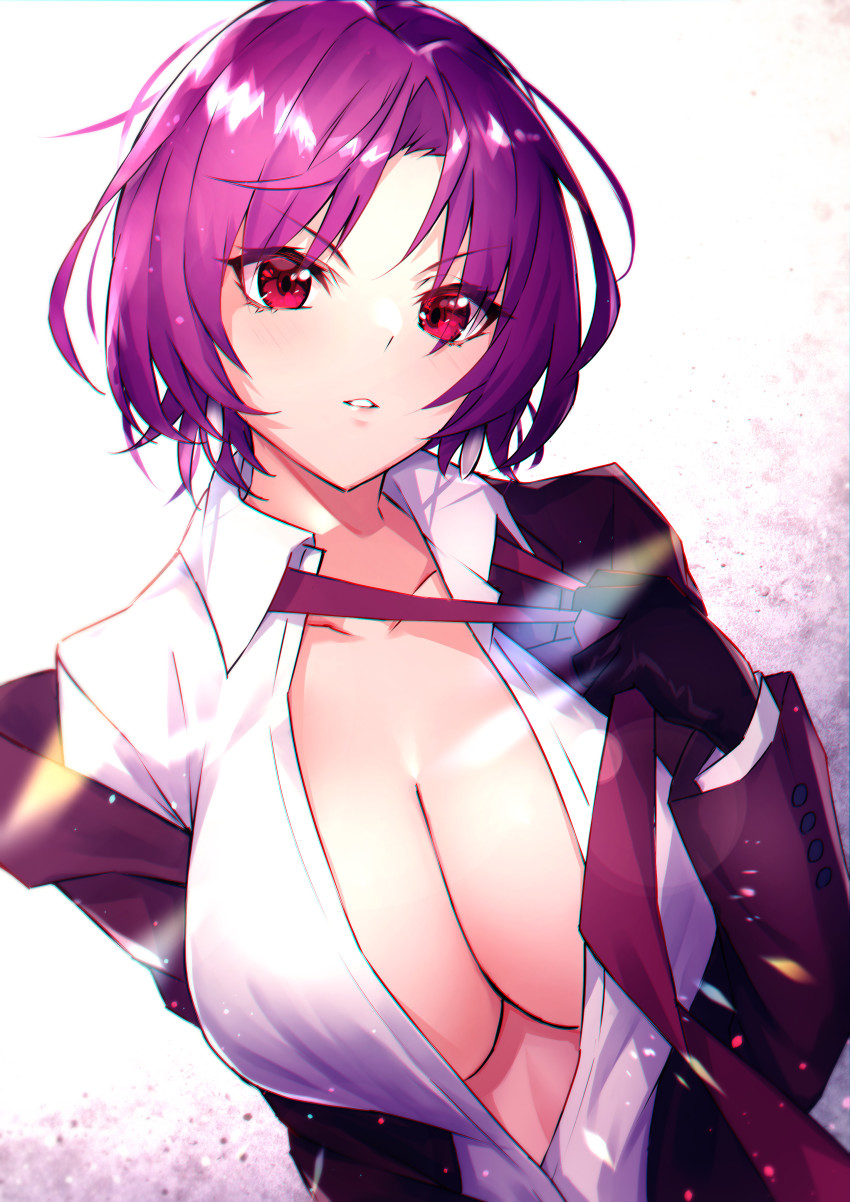 1girl, absurdres, bazett_fraga_mcremitz, black_gloves, blush, breasts, center_opening, cleavage