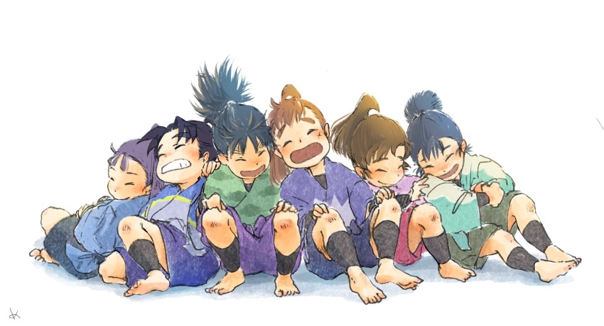 6+boys, ^_^, aged_down, arm_guards, barefoot, black_hair, brown_hair, child