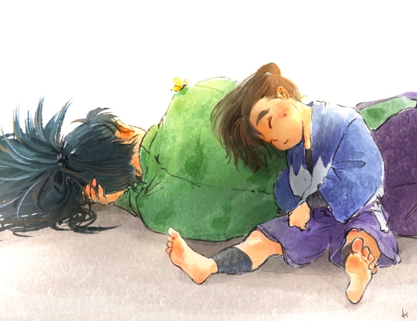 2boys, :d, aged_down, ant, arm_guards, arm_pillow, barefoot, black_hair, blush, brown_hair, bug, butterfly_on_shoulder, child, closed_eyes, cross_scar, facial_scar, facing_away, head_rest, head_tilt, insect, japanese_clothes, long_sleeves, lying, male_focus, mememe225, multiple_boys, nakazaike_chouji, nanamatsu_koheita, on_side, open_mouth, outstretched_leg, ponytail, rakudai_ninja_rantarou, scar, scar_on_cheek, scar_on_face, shin_guards, sitting, sleeping, sleeping_on_person, sleeping_upright, smile, soles, time_paradox, white_background