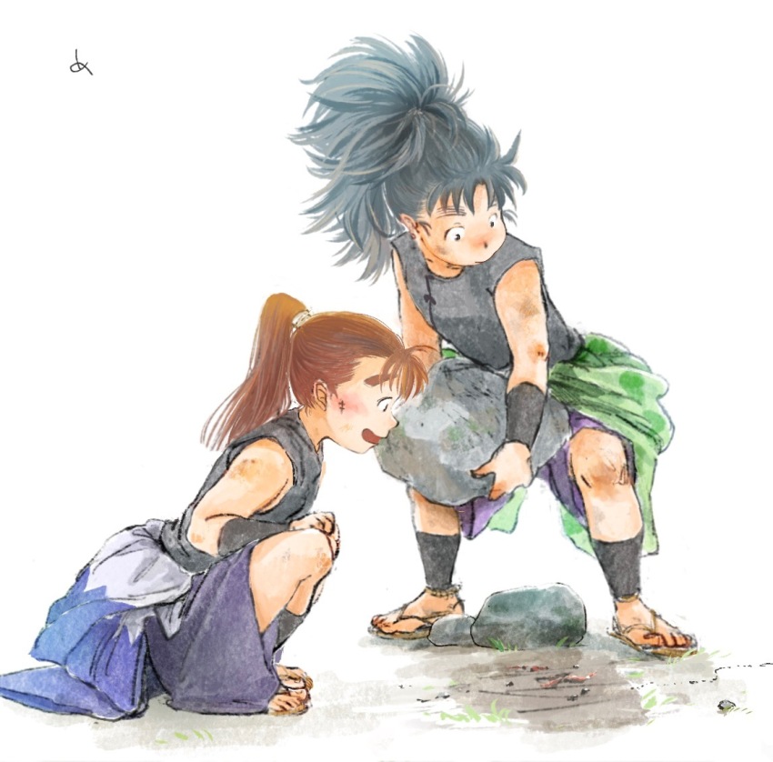 2boys, :d, aged_down, ant, arm_guards, bare_shoulders, black_hair, blush, brown_hair, bug, child, facial_scar, holding, insect, japanese_clothes, kimono, kimono_pull, looking_away, looking_down, male_focus, mememe225, multiple_boys, nakazaike_chouji, nanamatsu_koheita, open_mouth, ponytail, profile, rakudai_ninja_rantarou, rock, sandals, scar, scar_on_cheek, scar_on_face, shin_guards, simple_background, sleeveless, smile, squatting, straight_hair, white_background, zouri