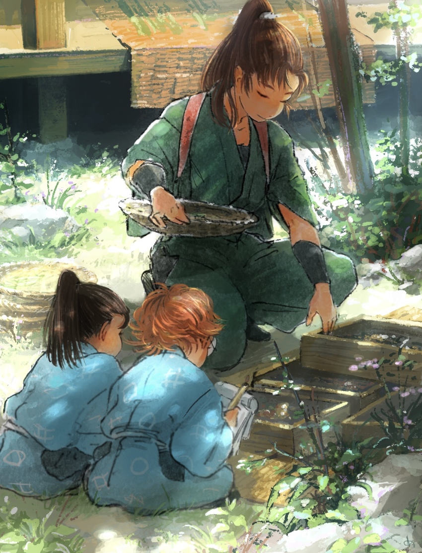 3boys, age_difference, arm_guards, bamboo_screen, basket, black_footwear, black_hair, box