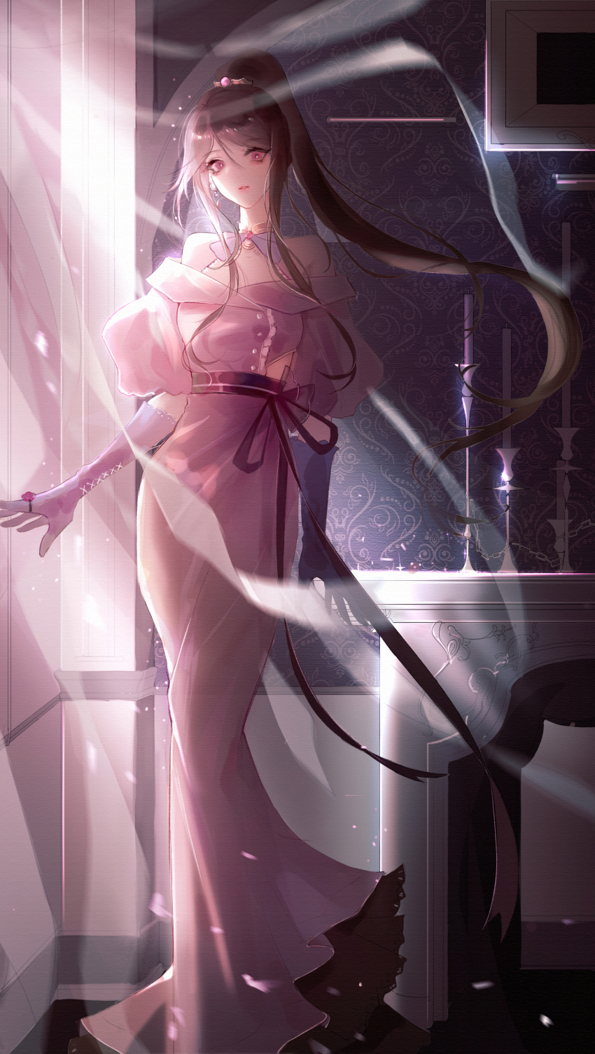 1girl, absurdres, bare_shoulders, curtains, dress, expressionless, gloves, highres, hua_jianghu_zhi_bei_mo_ting, indoors, light_rays, looking_at_viewer, non-web_source, painting_(action), pink_dress, ponytail, si_kongqi_(hua_jianghu_zhi_bei_mo_ting)