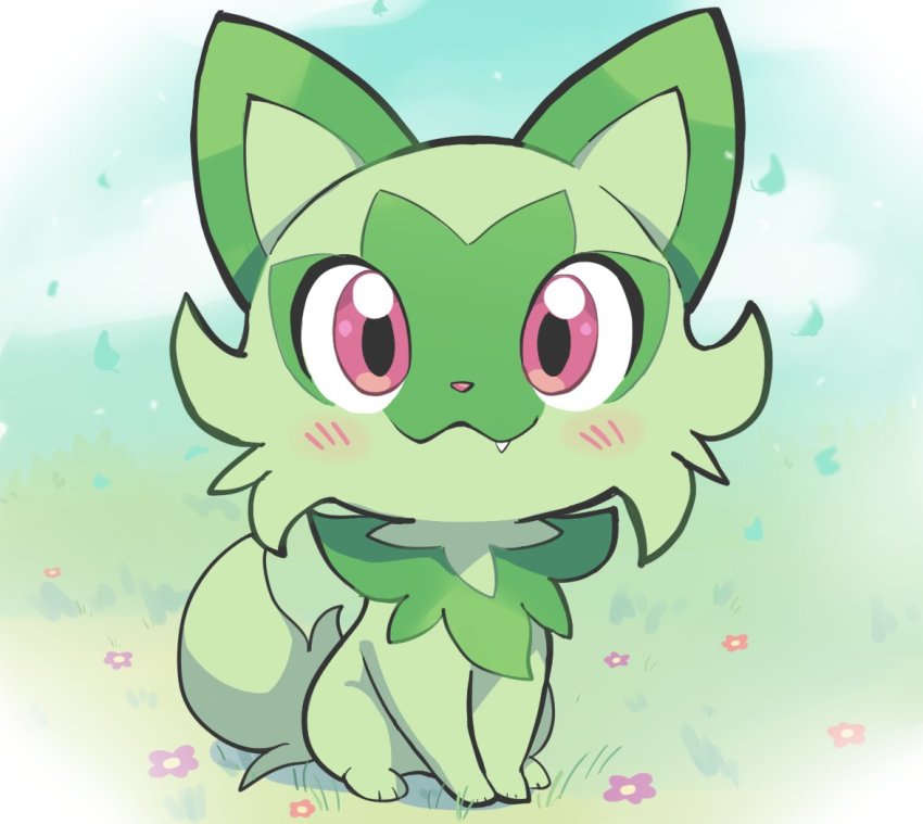 animal, animal_focus, blush, closed_mouth, commentary, fang, fang_out, flower, grass, komanychi, looking_at_viewer, nintendo, no_humans, pink_eyes, pokemon, pokemon_(creature), sitting, smile, solo, spanish_commentary, sprigatito