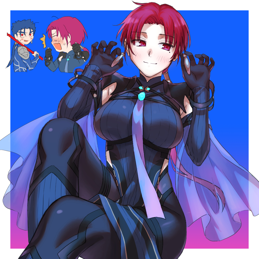 1boy, 1girl, bad_id, bad_pixiv_id, bazett_fraga_mcremitz, black_bodysuit, blue_hair, blush, bodysuit, breasts, chibi, cu_chulainn_(fate), cu_chulainn_(fate/stay_night), cu_chulainn_(lancer)_(fate), earrings, embarrassed, fate/grand_order, fate/stay_night, fate_(series), haruyolivine, jewelry, large_breasts, long_hair, looking_at_viewer, low_ponytail, manannan_mac_lir_(second_ascension)_(fate), mole, mole_under_eye, open_mouth, parted_bangs, pelvic_curtain, ponytail, red_eyes, red_hair, sitting, smile, thighs
