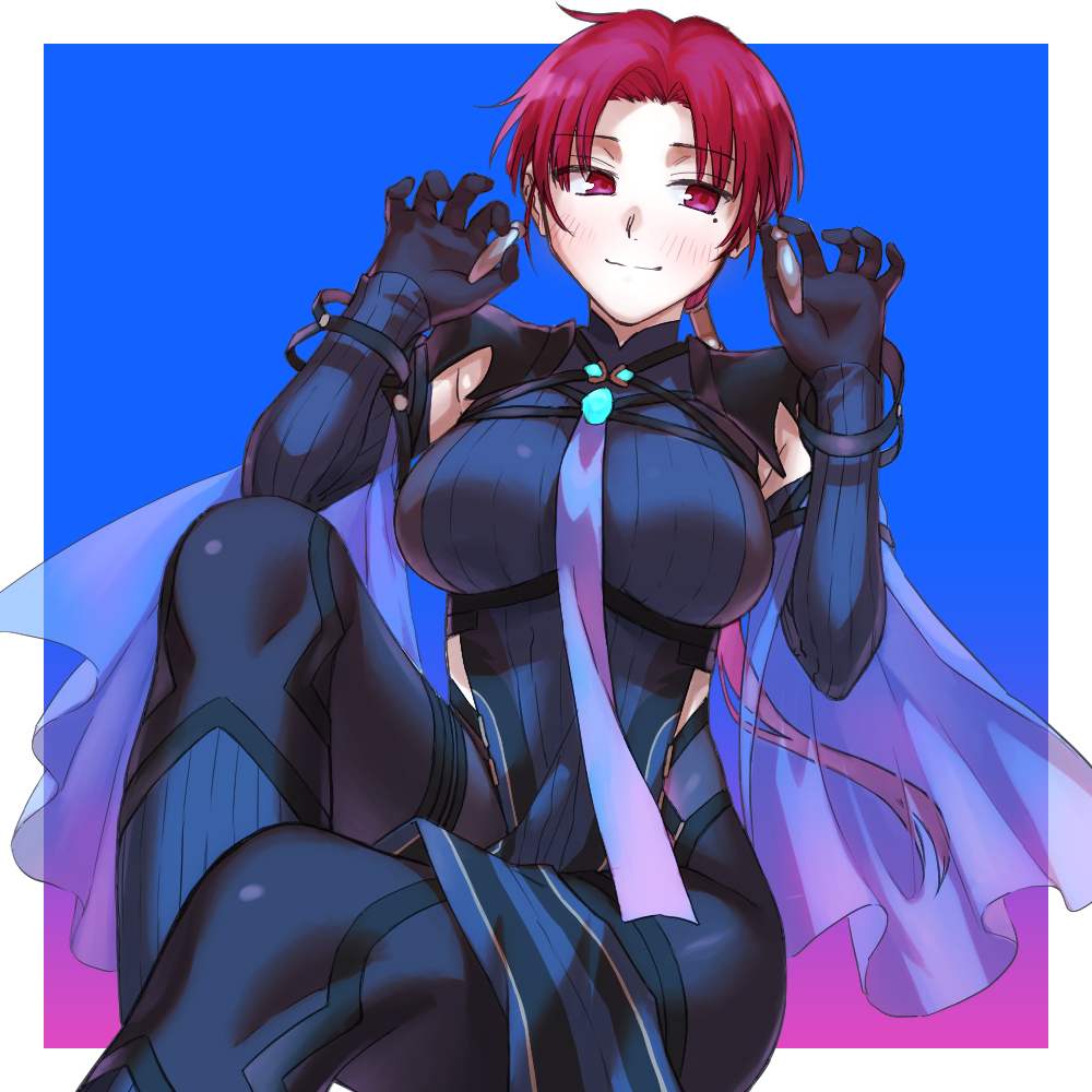 1girl, bad_id, bad_pixiv_id, bazett_fraga_mcremitz, black_bodysuit, blush, bodysuit, breasts, earrings, fate/grand_order, fate_(series), haruyolivine, jewelry, large_breasts, long_hair, looking_at_viewer, low_ponytail, manannan_mac_lir_(second_ascension)_(fate), mole, mole_under_eye, parted_bangs, pelvic_curtain, ponytail, red_eyes, red_hair, sitting, smile, solo, thighs