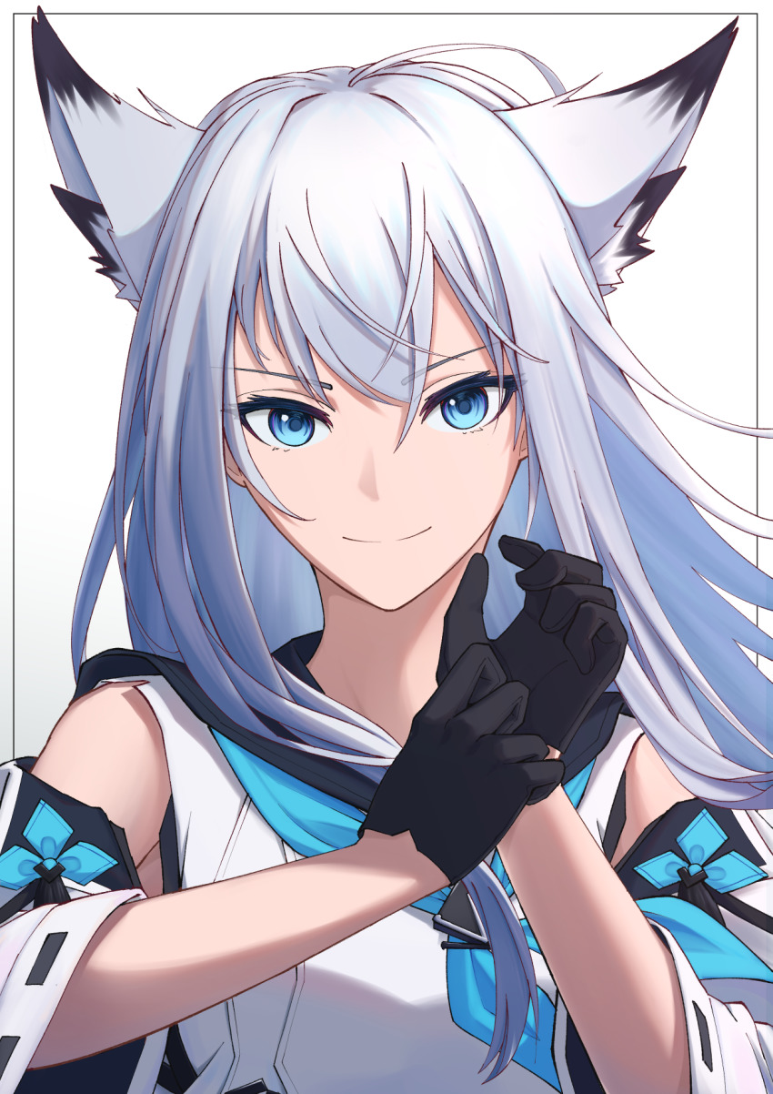 1girl, animal_ears, appl3, azur_lane, black_gloves, blue_eyes, blue_neckerchief, gloves, highres, kawakaze_(azur_lane), long_hair, looking_at_viewer, neckerchief, simple_background, solo, upper_body, white_background, white_hair, wide_sleeves