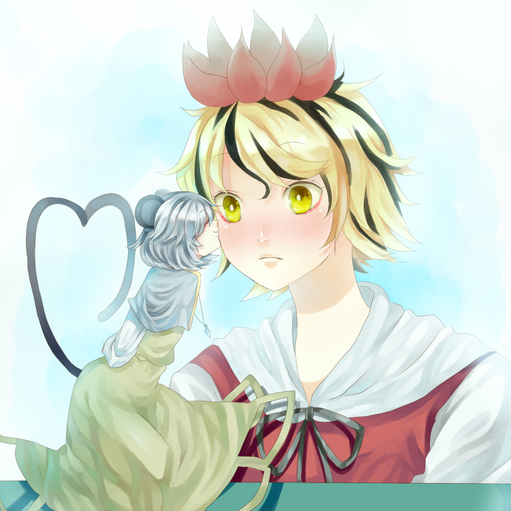 2girls, animal_ears, bad_id, bad_pixiv_id, blonde_hair, female_focus, grey_hair, hair_ornament