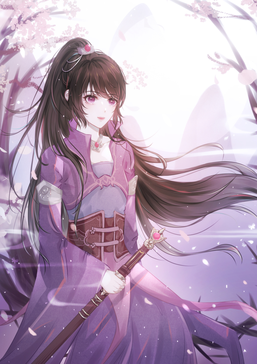 1girl, cherry_blossoms, dress, hair_ornament, highres, hua_jianghu_zhi_bei_mo_ting, jacket, mountain