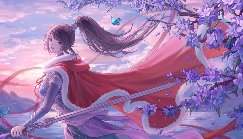 1girl, absurdres, bug, butterfly, cape, dress, dusk, flower