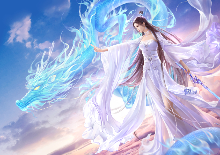 1girl, absurdres, black_hair, cloud, cloudy_sky, dragon, dress, earrings