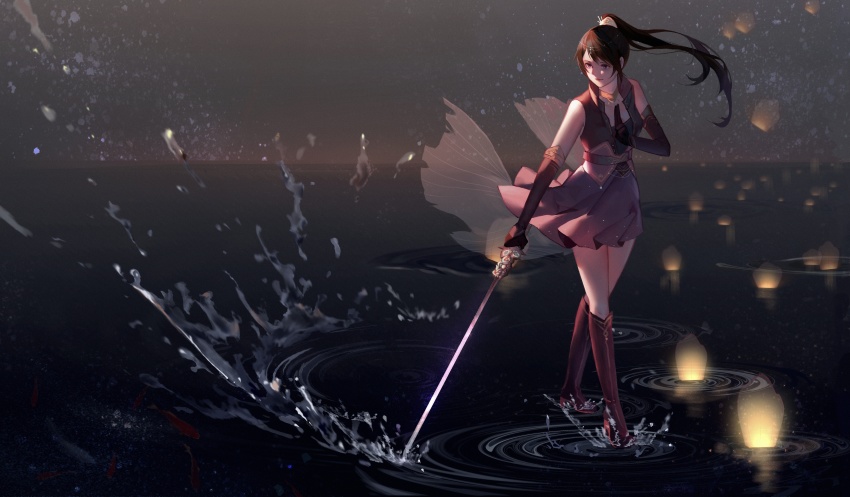 1girl, absurdres, boots, commentary_request, dark, dress, highres, hua_jianghu_zhi_bei_mo_ting