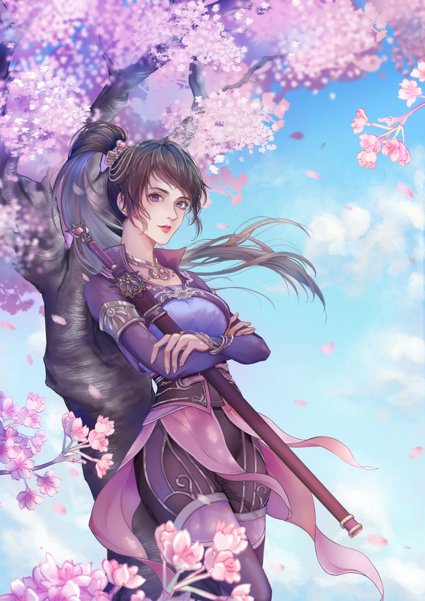 1girl, absurdres, crossed_arms, dress, highres, hua_jianghu_zhi_bei_mo_ting, leaning_back, ponytail