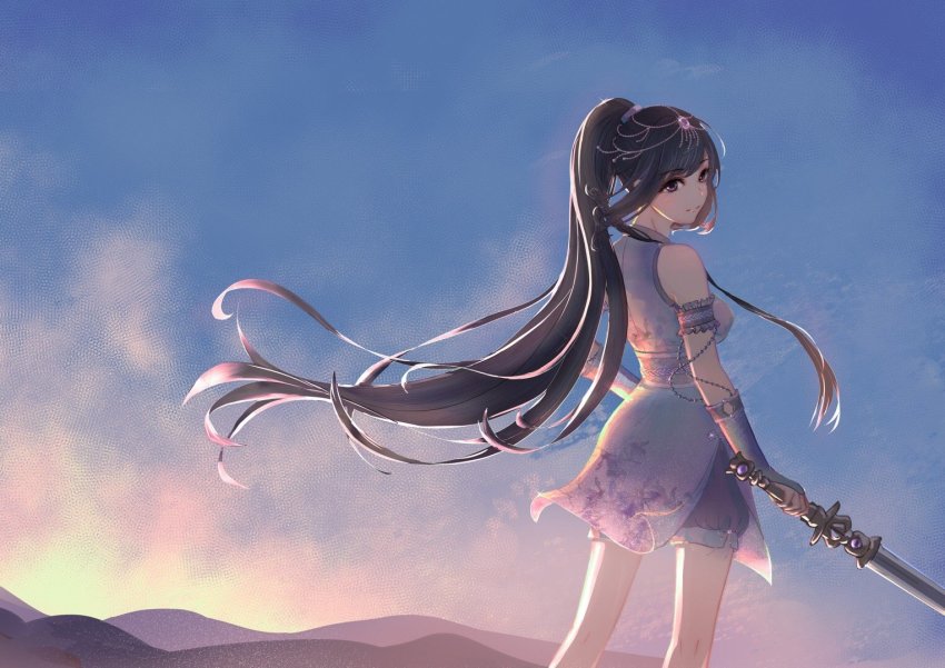 1girl, armlet, back, bloomers, blue_sky, dress, dusk, hair_ornament