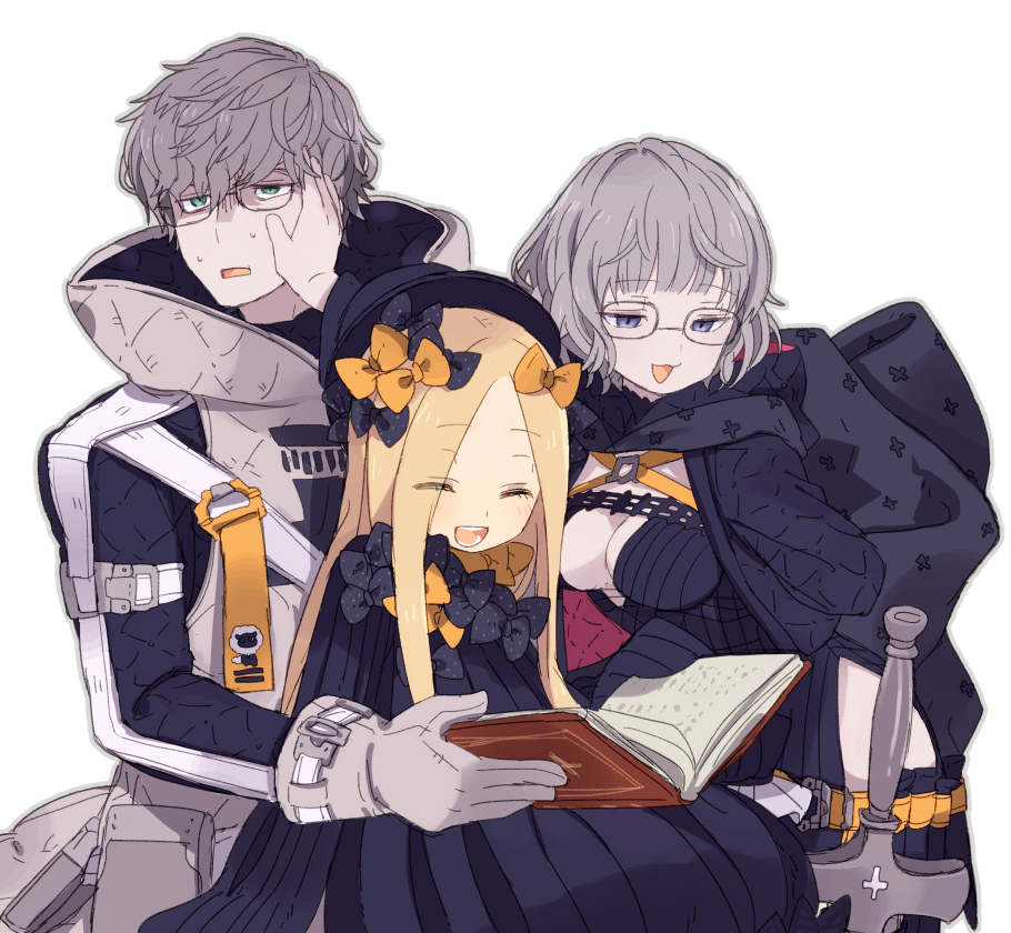 1boy, 2girls, abigail_williams_(fate), abigail_williams_(first_ascension)_(fate), bad_id, bad_pixiv_id, belt, black_bow