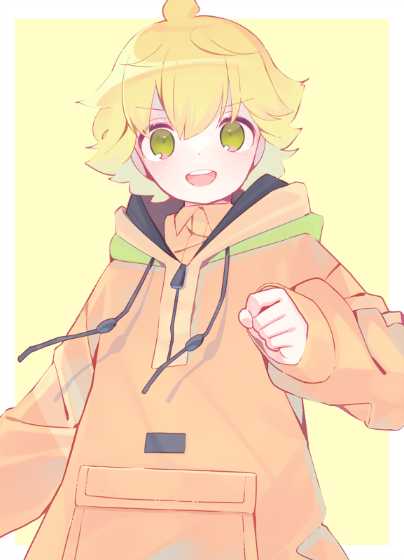 1girl, 2y_(tsuyu), blonde_hair, clenched_hand, collared_shirt, drawstring, ebihara_chikage, gundam, gundam_n-extreme, hood, hooded_jacket, jacket, open_mouth, orange_jacket, orange_shirt, shirt, short_hair, smile, solo, upper_body, v-shaped_eyebrows
