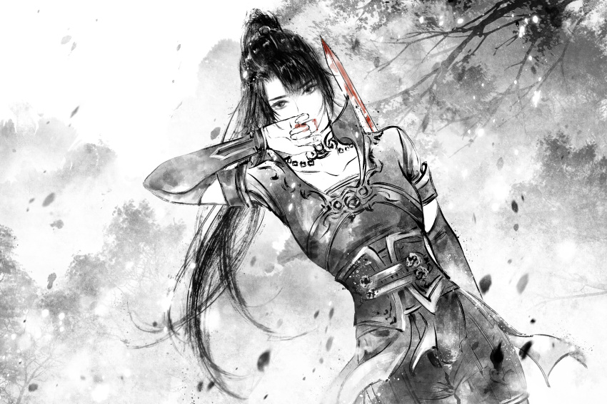 1girl, absurdres, black_hair, blood, bloody_weapon, dress, greyscale, hair_ornament, highres, hua_jianghu_zhi_bei_mo_ting, monochrome, ponytail, si_kongqi_(hua_jianghu_zhi_bei_mo_ting), sword, watermark, weapon, weibo_watermark, wiping_face, xia_ji_lucifer