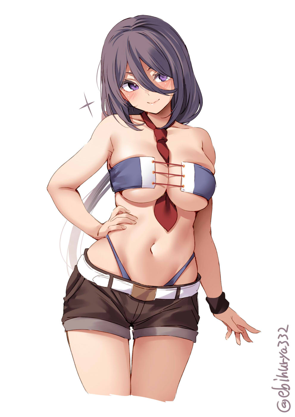 1girl, ariake_(kancolle), ariake_(swimsuit)_(kancolle), bikini, breasts, cowboy_shot, cropped_legs, ebifurya