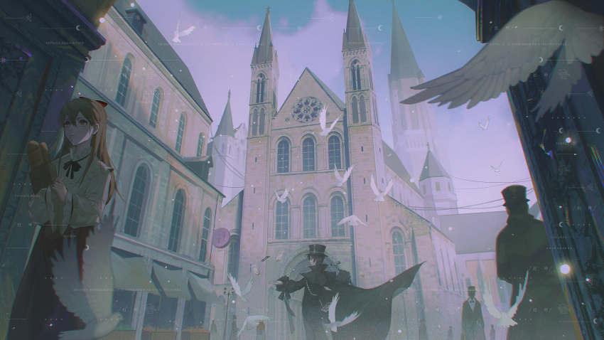 2girls, 4boys, 4others, absurdres, bag, bird, black_cape, black_hair