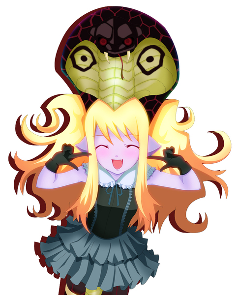 1girl, ^_^, blonde_hair, closed_eyes, duel_monster, fang, female_focus, flat_chest, gloves, lamia, long_hair, monster_girl, pointy_ears, red_eyes, reptilianne_naga, skirt, smile, snake, solo, yu-gi-oh!, yu-gi-oh!_duel_monsters