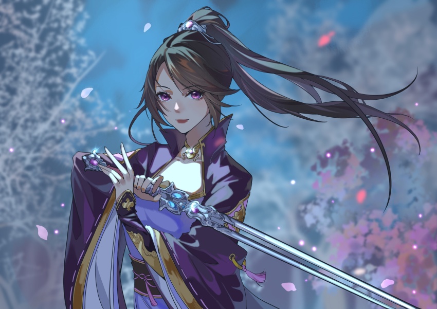 1girl, absurdres, black_hair, blue_sky, dress, highres, hua_jianghu_zhi_bei_mo_ting, petals, ponytail, si_kongqi_(hua_jianghu_zhi_bei_mo_ting), sky, smile, sword, tree, weapon, xia_ji_lucifer