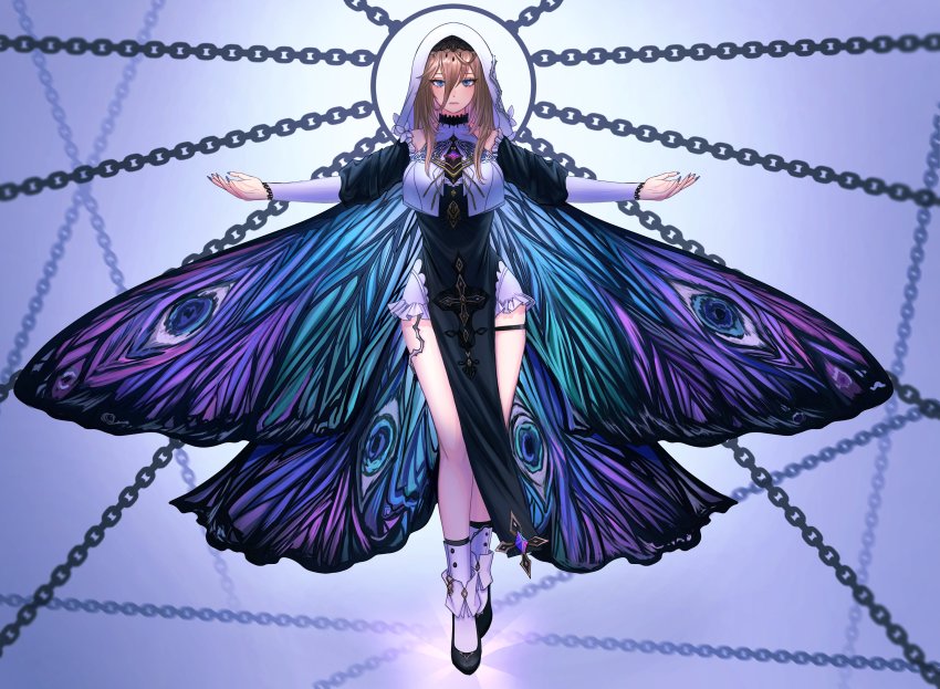 1girl, absurdres, aponia, blue_eyes, breasts, brown_hair, chain, commentary