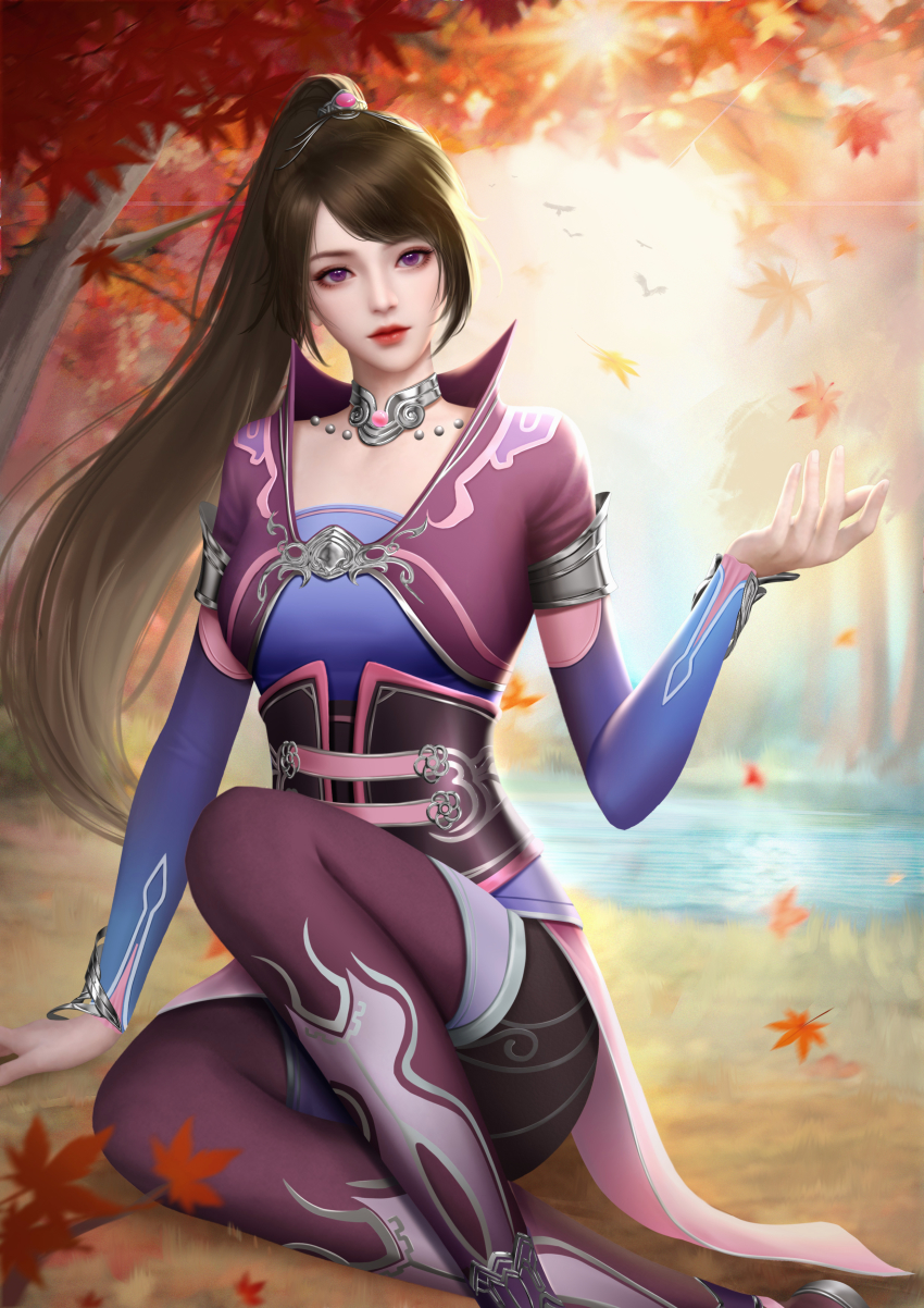 1girl, absurdres, brown_hair, dress, expressionless, grass, highres, hua_jianghu_zhi_bei_mo_ting