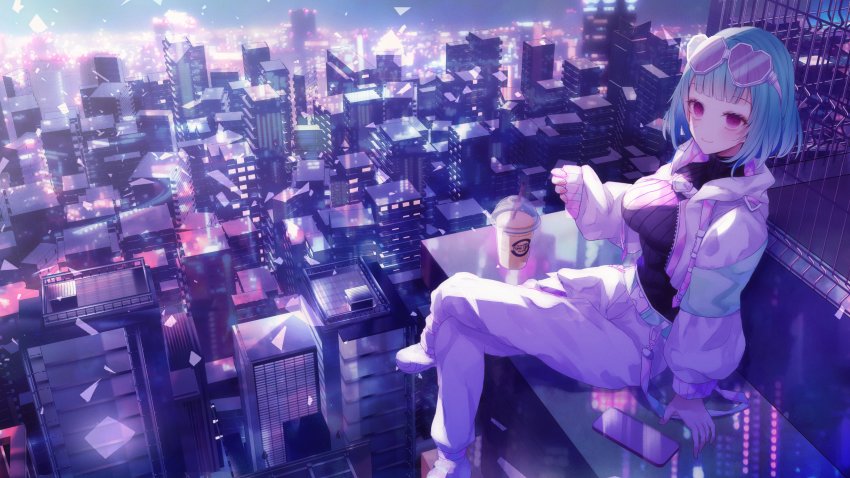 1girl, absurdres, aqua_hair, armada_niwaka, black_sweater, breasts, baebub, bubble_tea, cityscape, commentary, cropped_jacket, crossed_legs, english_commentary, eyewear_on_head, full_body, heart, heart-shaped_eyewear, highres, indie_virtual_youtuber, jacket, large_breasts, looking_at_viewer, open_clothes, open_jacket, pants, pink-tinted_eyewear, pink_eyes, ribbed_sweater, second-party_source, short_hair, sitting, solo, suspenders_hanging, sweater, tinted_eyewear, vaporwave, virtual_youtuber, white-framed_eyewear, white_pants