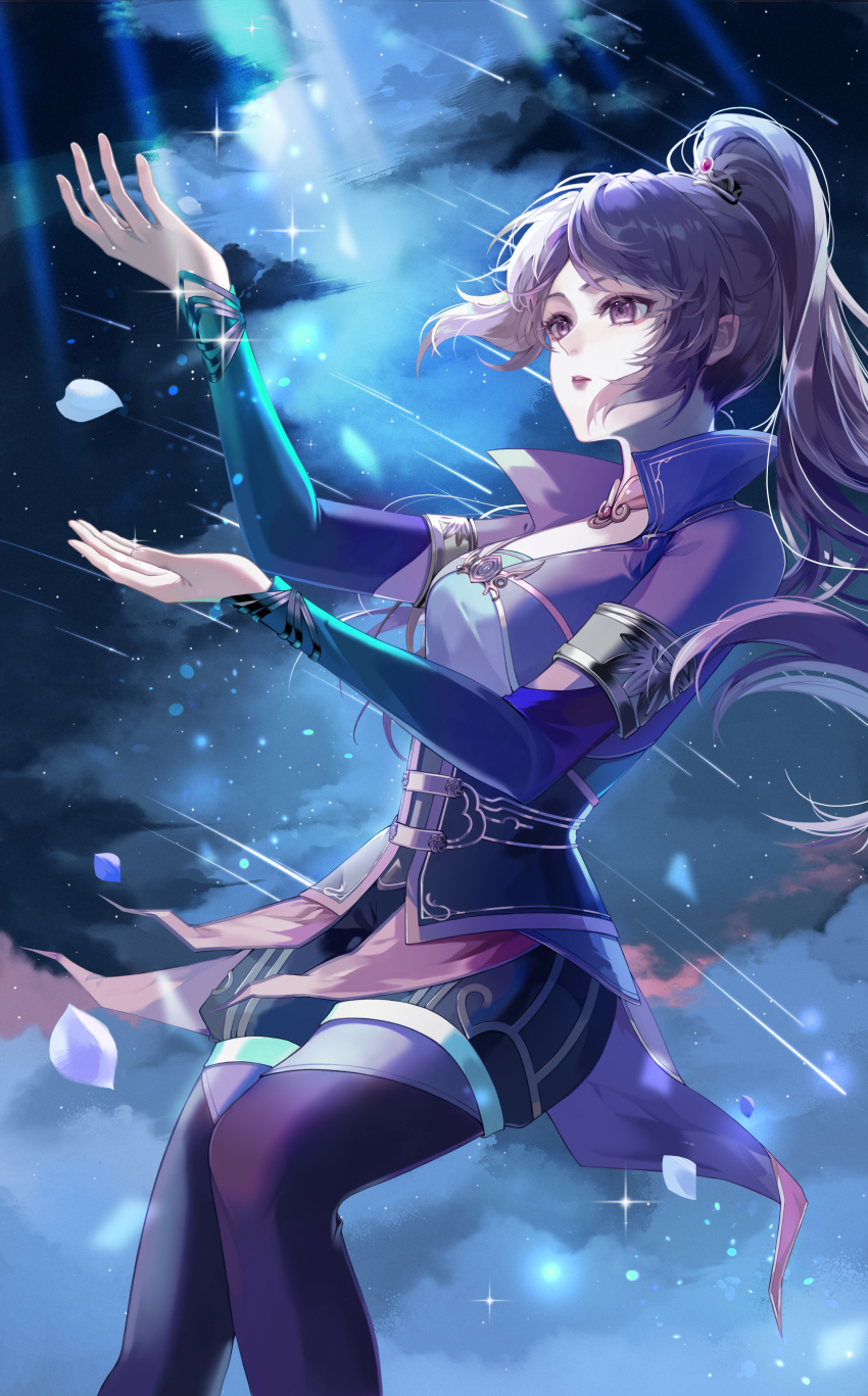 1girl, absurdres, black_hair, cloud, expressionless, highres, hua_jianghu_zhi_bei_mo_ting, light_rays