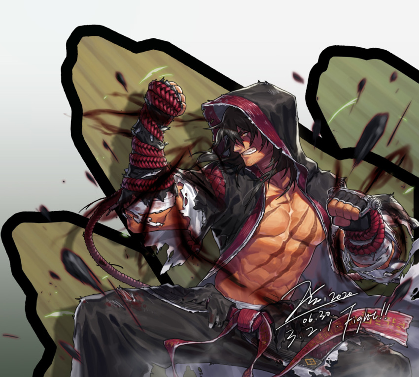 1boy, abs, bandages, bara, belt, biceps, black_hair, blood
