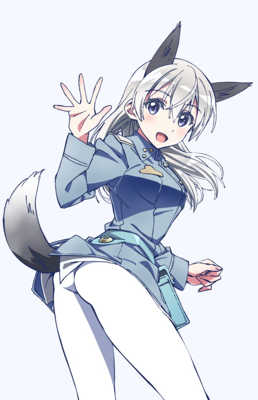 1girl, absurdres, animal_ears, ass, belt, blue_belt, blue_eyes, blue_jacket