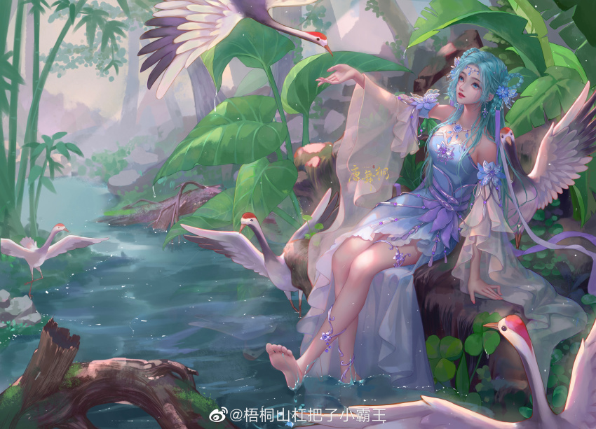 1girl, a_jiu_jintian_zao_shuile_ma, absurdres, animal, bare_legs, bird, blue_hair, crane_(animal)
