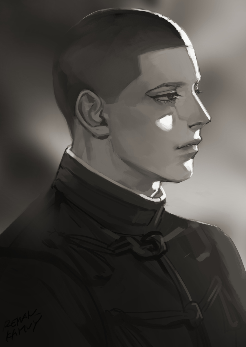1boy, absurdres, blurry, blurry_background, buzz_cut, expressionless, golden_kamuy, greyscale