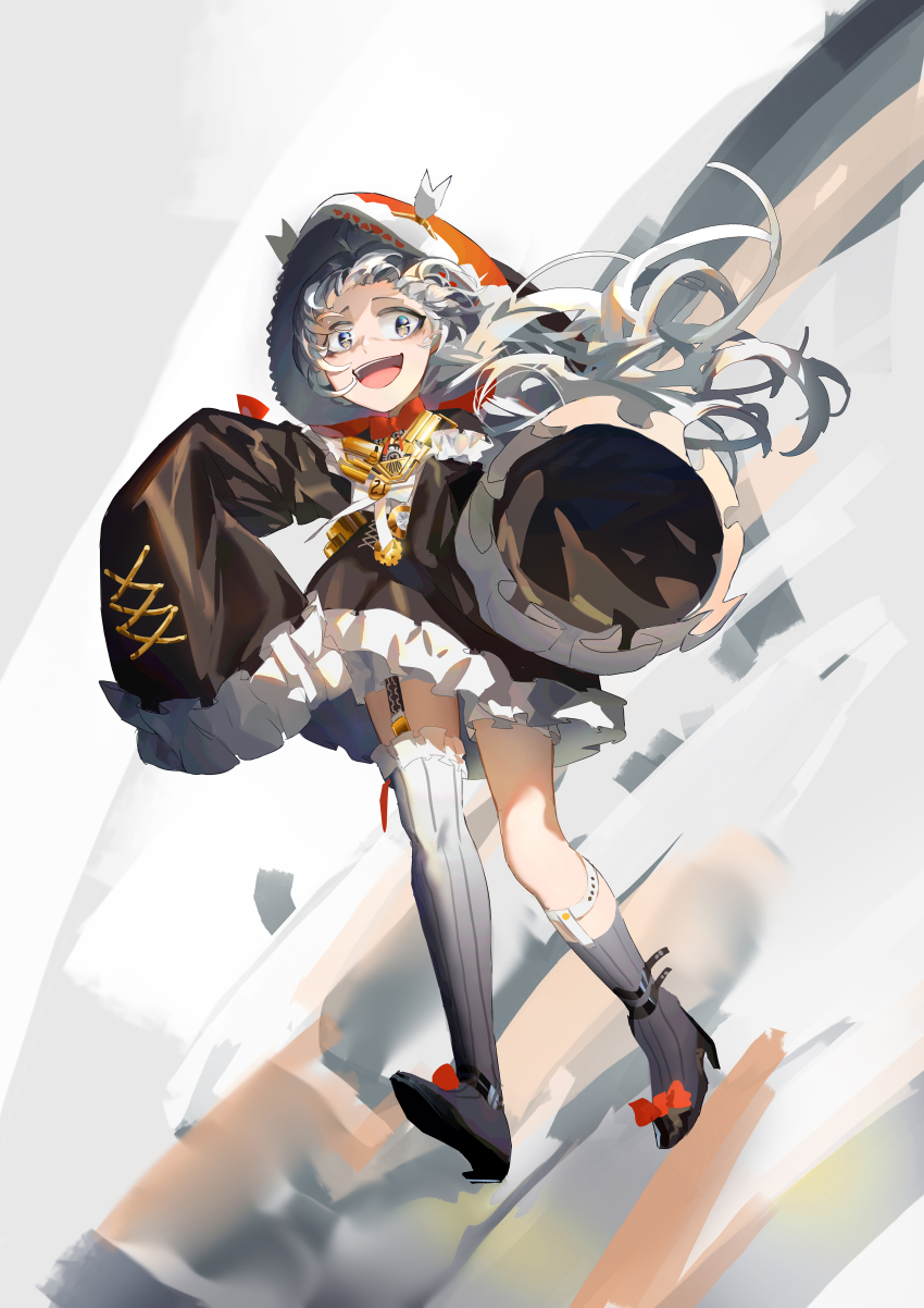 1girl, abstract_background, absurdres, asymmetrical_legwear, black_dress, black_footwear, bow, bowtie