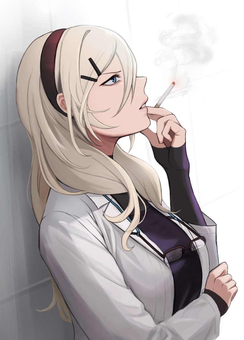 1girl, blonde_hair, blue_eyes, breasts, cigarette, unworn_eyewear, eyewear_strap, girls'_frontline