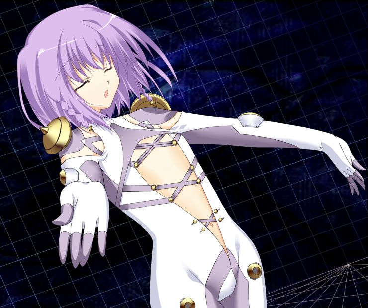1girl, ar_tonelico, ar_tonelico_iii, bad_id, bad_pixiv_id, bodysuit, braid, closed_eyes, female_focus, flat_chest, gust, hair_ornament, music, navel, purple_hair, short_hair, singing, skin_tight, solo, tilia_(ar_tonelico), twin_braids, yuu_yamiyo