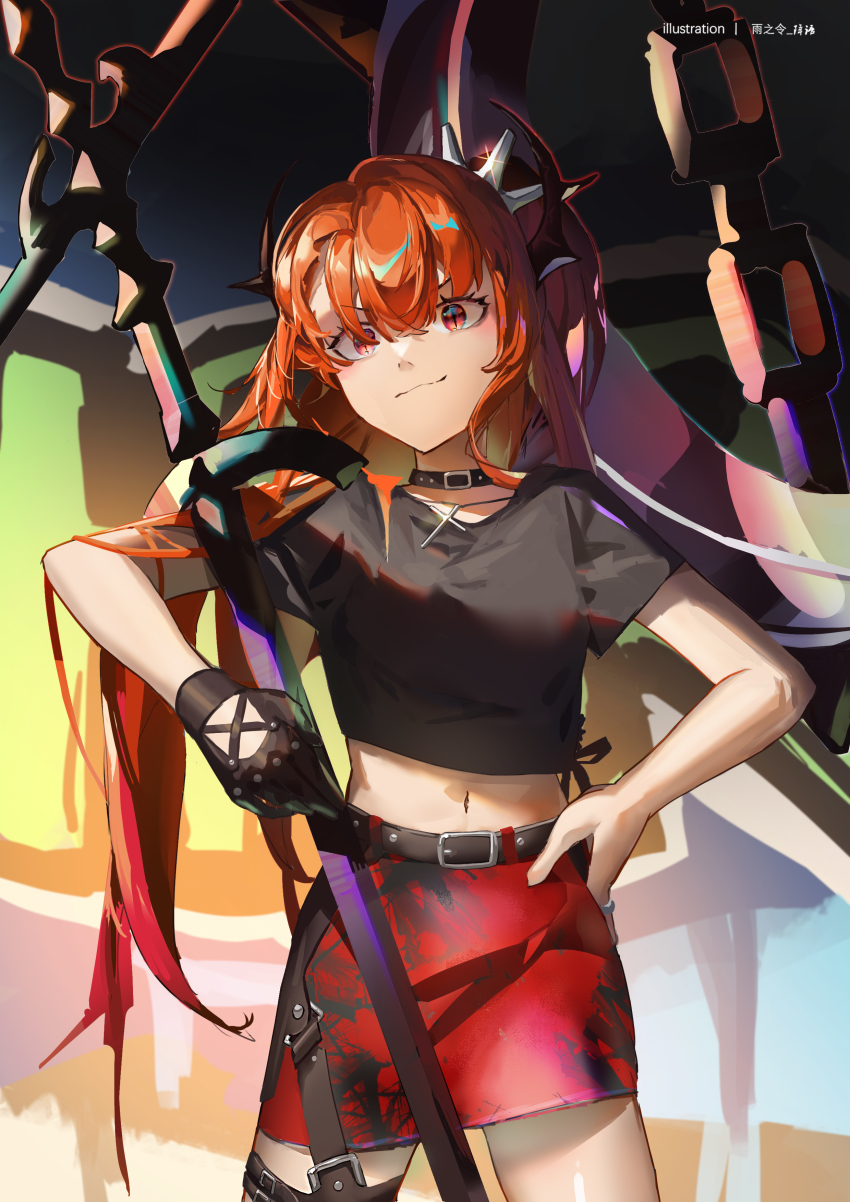 1girl, absurdres, arknights, belt, belt_buckle, black_choker, black_gloves, black_shirt