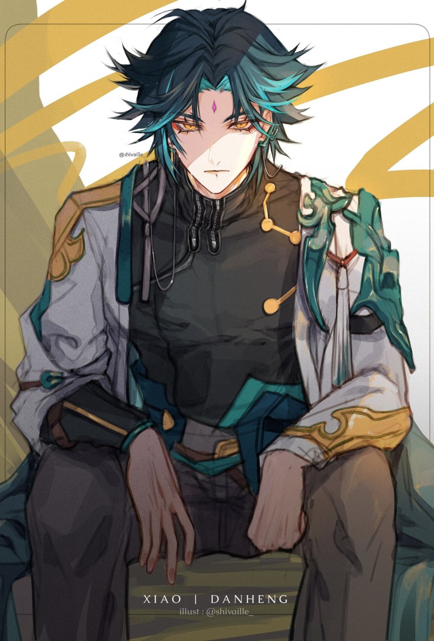 1boy, black_shirt, brown_pants, character_name, chinese_clothes, closed_mouth, coat, company_connection