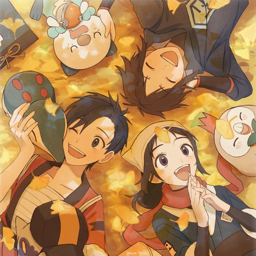 1girl, 2boys, :d, ;d, akari_(pokemon), black_hair, black_sash, black_shirt