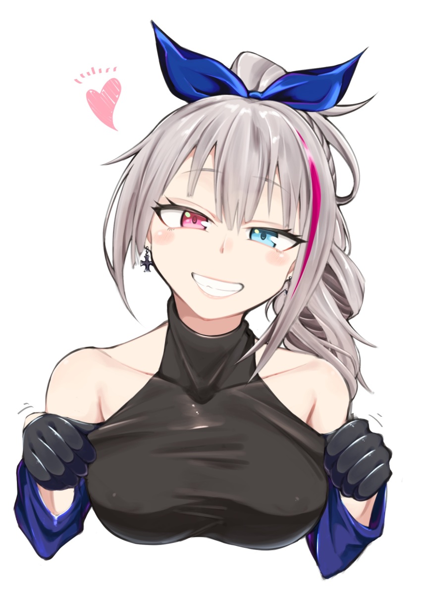 black_gloves, blue_eyes, breasts, collarbone, cross, cross_earrings, earrings, girls'_frontline