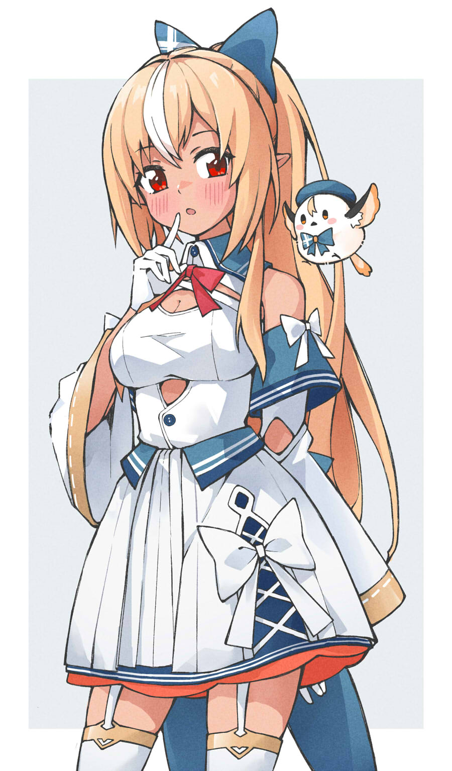 1girl, bad_id, bad_pixiv_id, blue_bow, blush, bow, breasts, cleavage