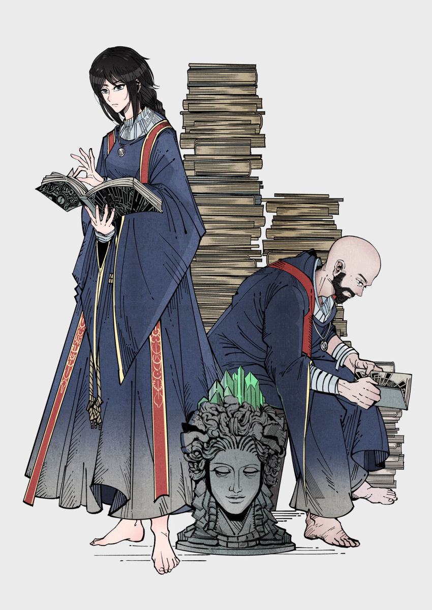 1boy, 1girl, bald, barefoot, beard, black_eyes, black_hair, blue_dress, book, book_stack, closed_mouth, dress, elden_ring, facial_hair, helmet, herheim, highres, holding, holding_book, jewelry, kneeling, long_sleeves, necklace, reading, simple_background, sitting, sorcerer_thops, sorceress_sellen, standing, unworn_headwear, unworn_helmet, white_background, wide_sleeves
