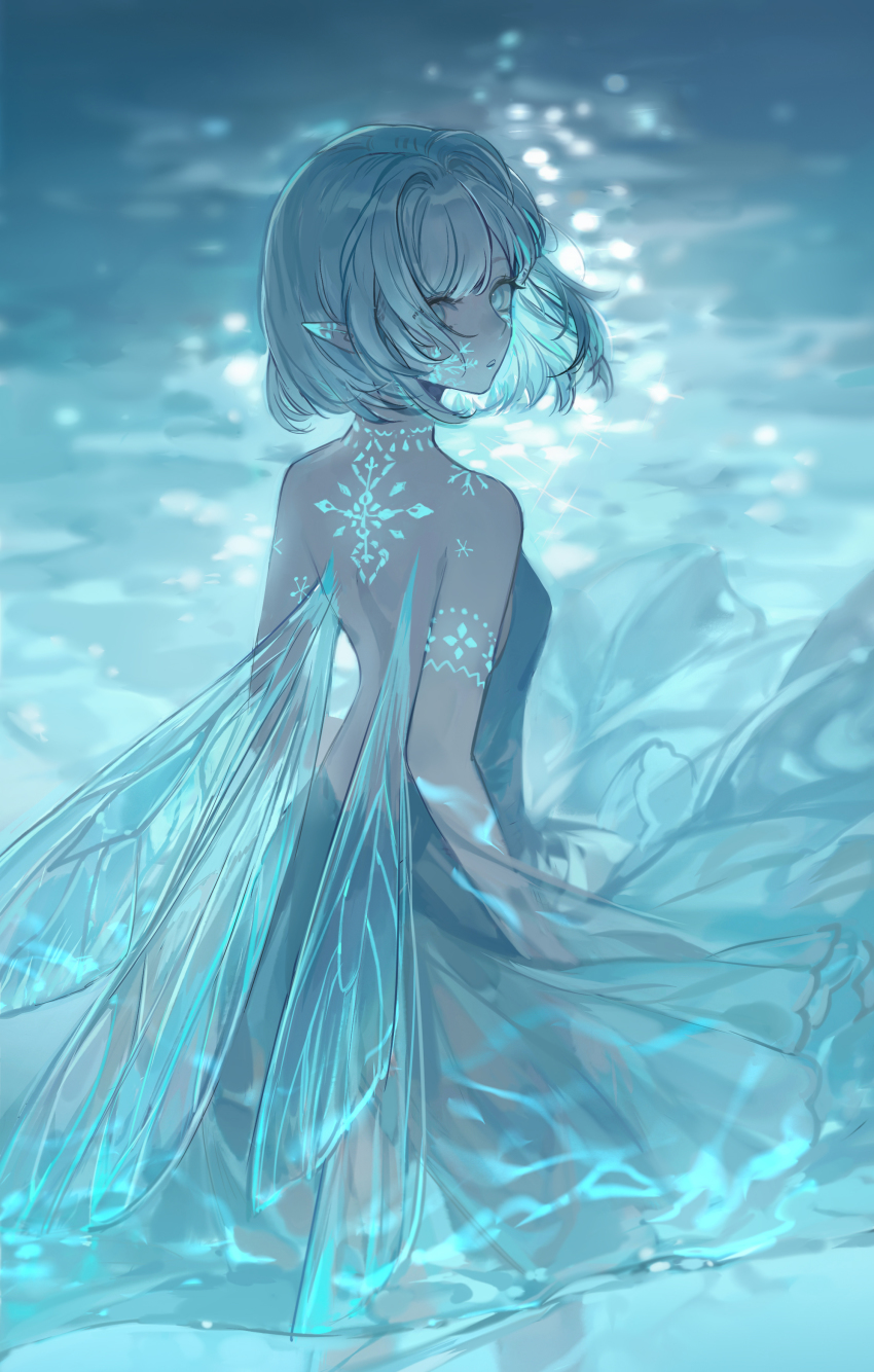 1girl, :o, absurdres, aqua_theme, aqua_wings, arm_tattoo, back_tattoo, backless_dress